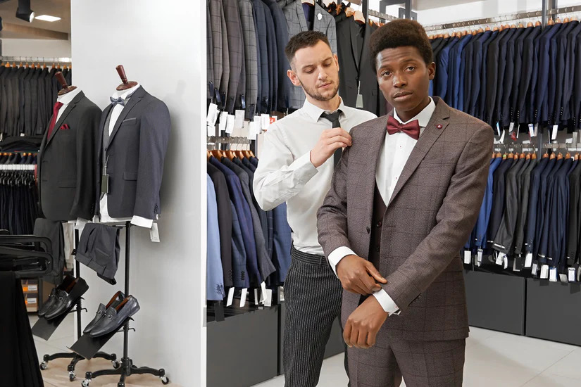 A man being fitted by a tailor in a stylish custom suit - learn more about client retention for your franchise with Pearce Bespoke!