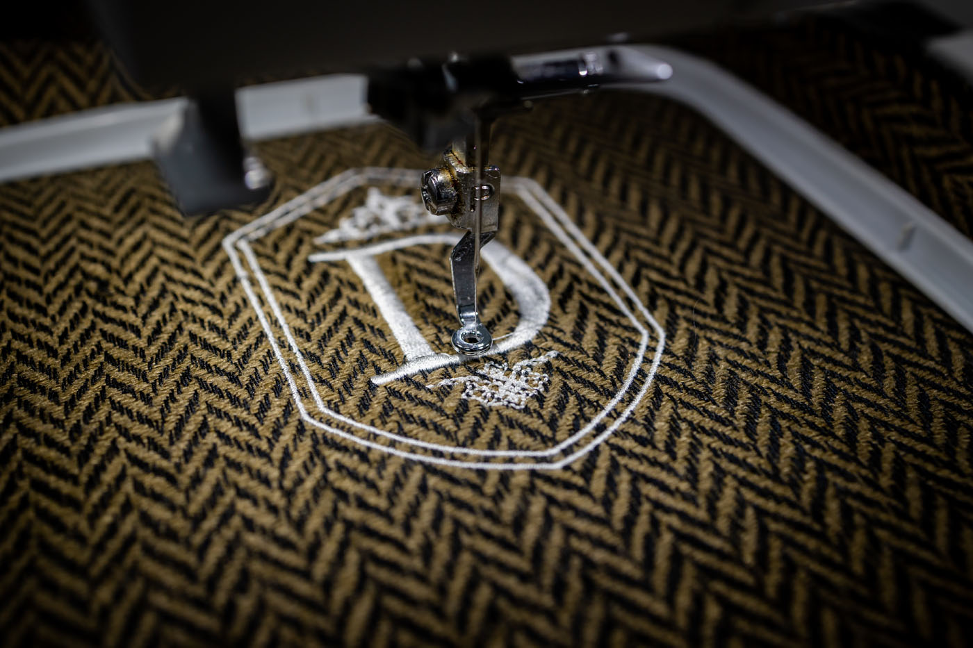 A close up shot of a Pearce custom branded suit.