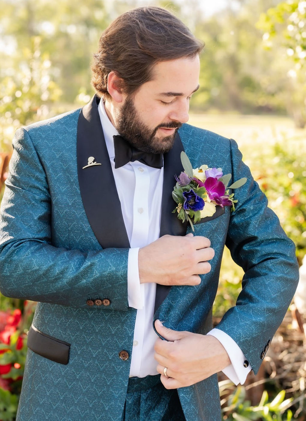 A groom in a green custom wedding suit in your local area, {fran_state_abbrev}.